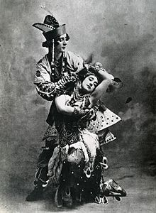 Tamara Karsavina as the Firebird and Michel Fokine as Prince Ivan in the 1910 Ballets Russes production of the ballet. The Firebird 1910 Tamara Karsavina & Michel Fokine.jpg