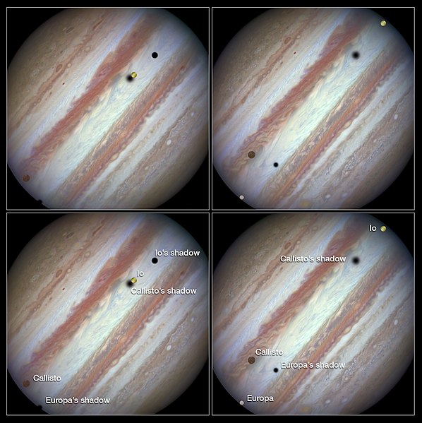 Three moons (Callisto, Europa and Io) and their shadows parade across Jupiter.
