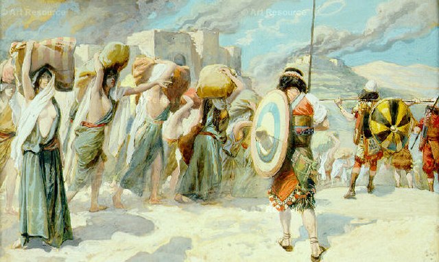 Midianite women, children and livestock taken captive by Israelite soldiers after all Midianite men had been killed and their towns burnt. Watercolour