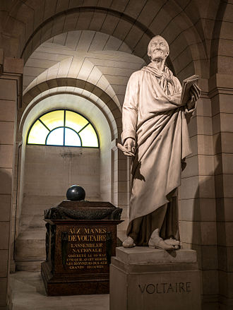 Voltaire's tomb in the Paris Pantheon Tombeau et statue de Voltaire, Paris 8 juin 2014.jpg