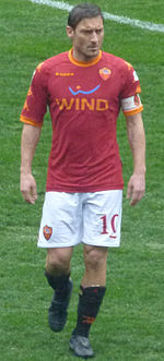 Italian attacking midfield playmaker Francesco Totti spent his entire career with Roma, also serving as the team's captain. Totti 2011 crop.jpg