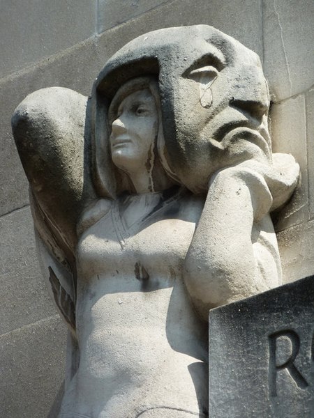 The sculpture above the entrance to RADA features masks which depict Tragedy (pictured) and Comedy (which appears opposite). A symbol of theatre, they
