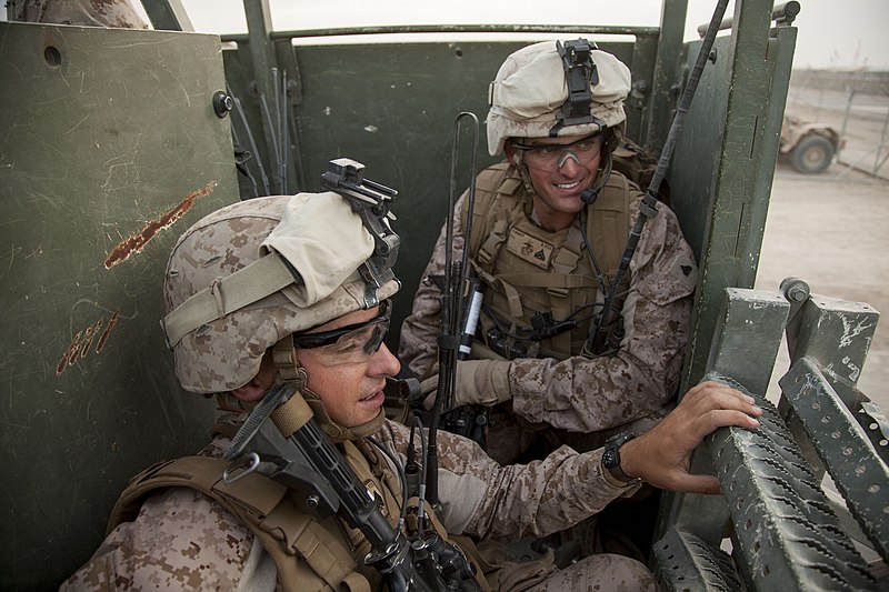 File:U.S. Marines with Fox Company, 2nd Battalion, 8th Marine Regiment, Regimental Combat Team 7 travel in a Marine Corps medium tactical vehicle replacement before conducting a mission rehearsal at Camp Bastion 130602-M-QZ858-058.jpg