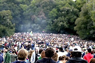 Students and others gather for a "420 Day" event in Porter Meadow at the University of California, Santa Cruz, campus on April 20, 2007. UCSC 420 celebration.jpg