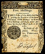 Vermont colonial currency, 5 shilling, 1781 (obverse)