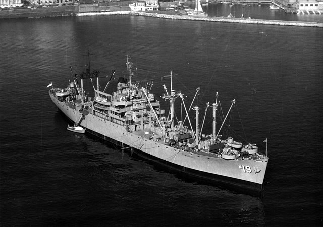 Forrestal rendezvoused with the ammunition ship Diamond Head on 28 July to receive a load of new ordnance, including 16 Korean War-era AN-M65A1 1,000-