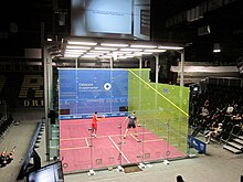 The glass show court used at the 2011 US Open Squash Championships hosted by Drexel University at the Daskalakis Athletic Center.
2 points during the Semi Final between James Willstrop and Nick Matthew in 2011. US Open Squash Championship 2011 Drexel University.jpg