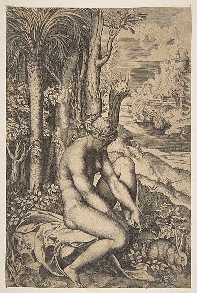 File:Venus removing a thorn from her left foot while seated on a cloth beside trees and foliage, a hare eating grass before her MET DP818712.jpg