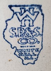 White Hall Sewer Pipe & Stoneware Company Logo, Illinois outline with W H S P and S Co and White Hall Illinois