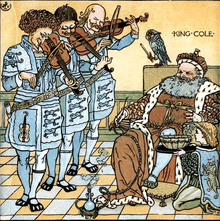 A bearded man dressed in an ermine robe and hat sits as three men dressed in livery each play a fiddle and a young page dressed in a tunic and striped tights kneels on a tiled floor to the right of the man's chair