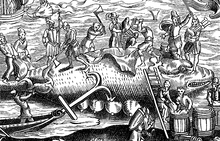 Whale-Fishing. Facsimile of a Woodcut in the "Cosmographie Universelle" of Thevet, in folio: Paris, 1574 Whale Fishing Fac simile of a Woodcut in the Cosmographie Universelle of Thevet in folio Paris 1574 cropin.png