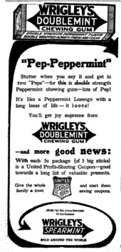 1914 newspaper ad for the new Doublemint. Wrigleys Doublemint ad 1914.png