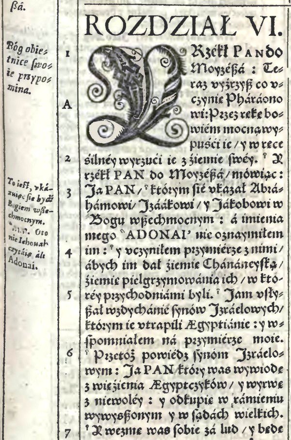 The Jakub Wujek Bible in Polish, 1599 print. The letters á and é were subsequently abolished, but survive in Czech.