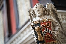 Dalby arms, detail from monument in York Minster to Thomas Savage, Archbishop of York 1501-7, showing arms of Thomas Dalby, Archdeacon of Richmond 1506-1526. The wheat-garb (impaling his personal arms ) is stated in various antiquarian sources to be the heraldic device of the Archdeaconry of Richmond York Minster (31310151878).jpg