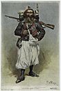 Fransk suav 1888 i tyrkisk-inspirert uniform med myk fess, kort jakke, gamasjer og posebukser. Suavenes jegersoldatbukser ble forløperen til 1900-tallets eplenikkers.