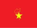 A gold star placed on top of an red torch with a flame, outlined in gold. This is centered on a red background.