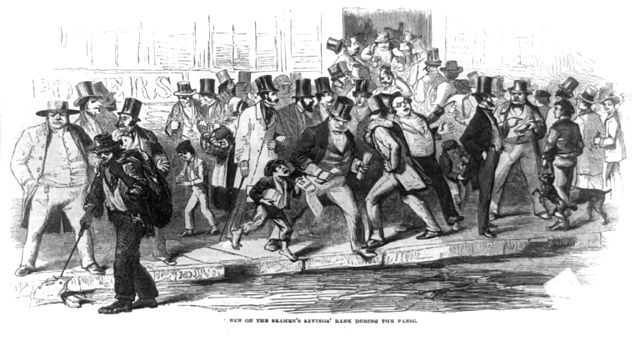 An illustration of a bank run on Seamen's Savings Bank during the Panic of 1857