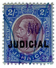 A 2/- Judicial stamp from 1913. 1913 2s Judicial revenue stamp of Jamaica.jpg