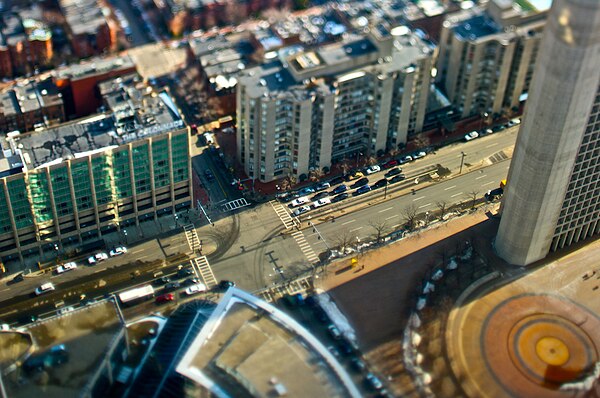 Huntington Avenue, Boston, near the Christian Science Center, as viewed from the Prudential Tower (2009)