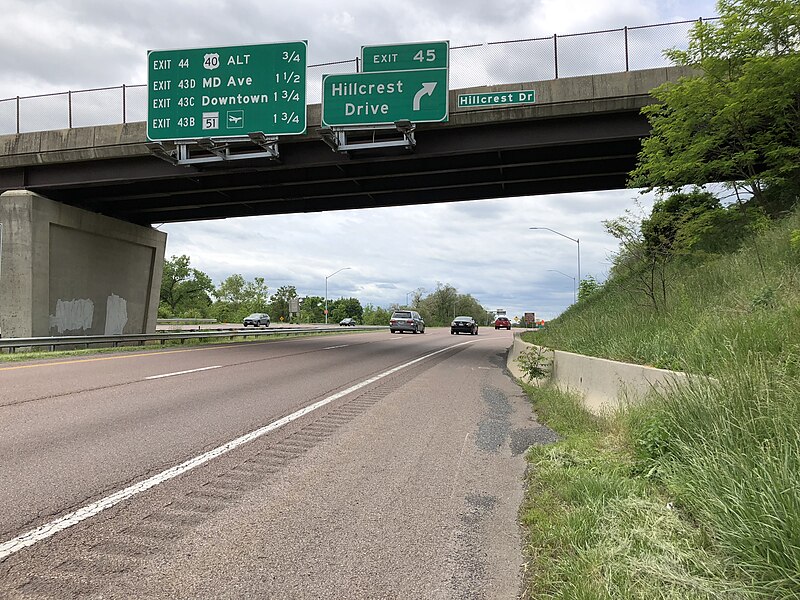File:2019-05-17 12 35 11 View west along Interstate 68 and U.S. Route 40 and south along U.S. Route 220 (National Freeway) at Exit 45 (Hillcrest Drive) in Wolfe Mill, Allegany County, Maryland.jpg