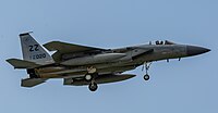 A US Air Force F-15C Eagle, tail number 81-0020, on final approach at Kadena Air Base in Okinawa, Japan