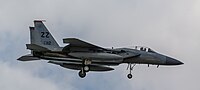 A US Air Force F-15C Eagle, tail number 85-0112, on final approach at Kadena Air Base in Okinawa, Japan. It is assigned to the 18th Wing at Kadena AB.