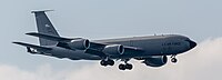 A KC-135R Stratotanker, tail number 57-1439, on final approach at Kadena Air Base in Okinawa, Japan in March 2020. It is assigned to the 22nd Air Refueling Wing and the 931st Air Refueling Wing at McConnell Air Force Base in Wichita, Kansas.