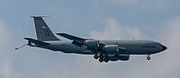 A KC-135R Stratotanker, tail number 62-3565, on final approach at Kadena Air Base in Okinawa, Japan in March 2020. It is assigned to the 909th Air Refueling Squadron at Kadena AB.