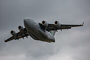 A Boeing C-17 Globemaster III, tail number 95-0103, taking off from RAF Mildenhall in the United Kingdom. It is assigned to the 62nd Airlift Wing and the 446th Airlift Wing at Joint Base Lewis McChord in Washington, USA.