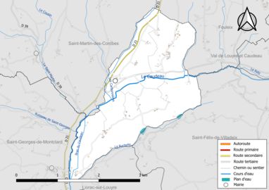 Carte en couleur présentant le réseau hydrographique de la commune