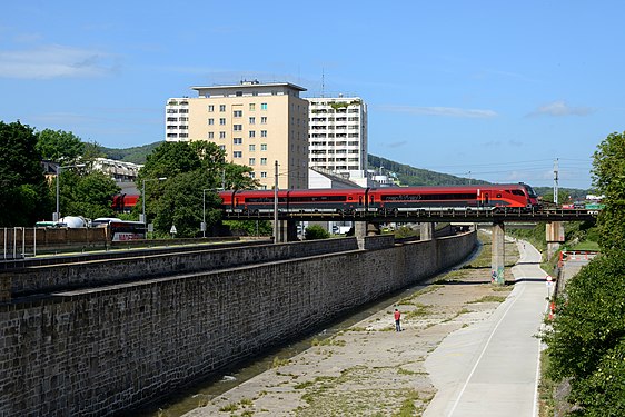 Railjet on the bridge over the Wien River