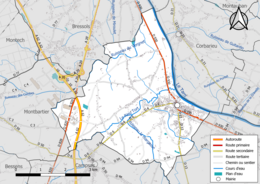 Réseaux hydrographique et routier de Labastide-Saint-Pierre.