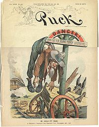 July 1896 Puck cartoon shows farmer hung up on the pole and helpless; was this Denslow's inspiration? The hat says Silverite; the locomotive is gold