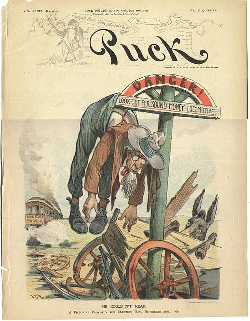 Cartoon from Puck showing a silverite farmer and a Democratic donkey whose wagon has been destroyed by the locomotive of sound money