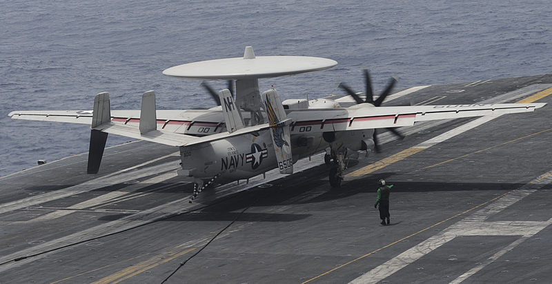 File:A U.S. Navy E-2C Hawkeye aircraft assigned to Carrier Airborne Early Warning Squadron (VAW) 117 lands on the aircraft carrier USS Nimitz (CVN 68) in the Gulf of Oman June 19, 2013 130619-N-AZ866-271.jpg