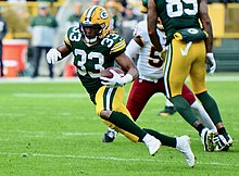 November 15, 2020: Green Bay Packers running back Aaron Jones #33 carries  the ball during the NFL Football game between the Jacksonville Jaguars and  the Green Bay Packers at Lambeau Field in