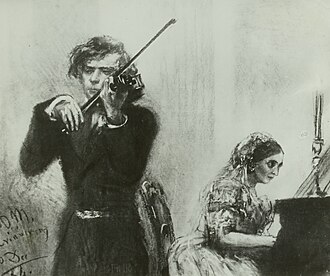 Violinist Joseph Joachim and pianist Clara Schumann. Joachim and Schumann debuted many of the chamber works of Robert Schumann, Johannes Brahms and others. Adolph von Menzel - Joseph Joachim + Clara Schumann (Zeichnung 1854).jpg