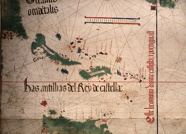 Top left, the shores of Florida and the future Carolina explored in 1500 and showed in 1502 on the Cantino planisphere