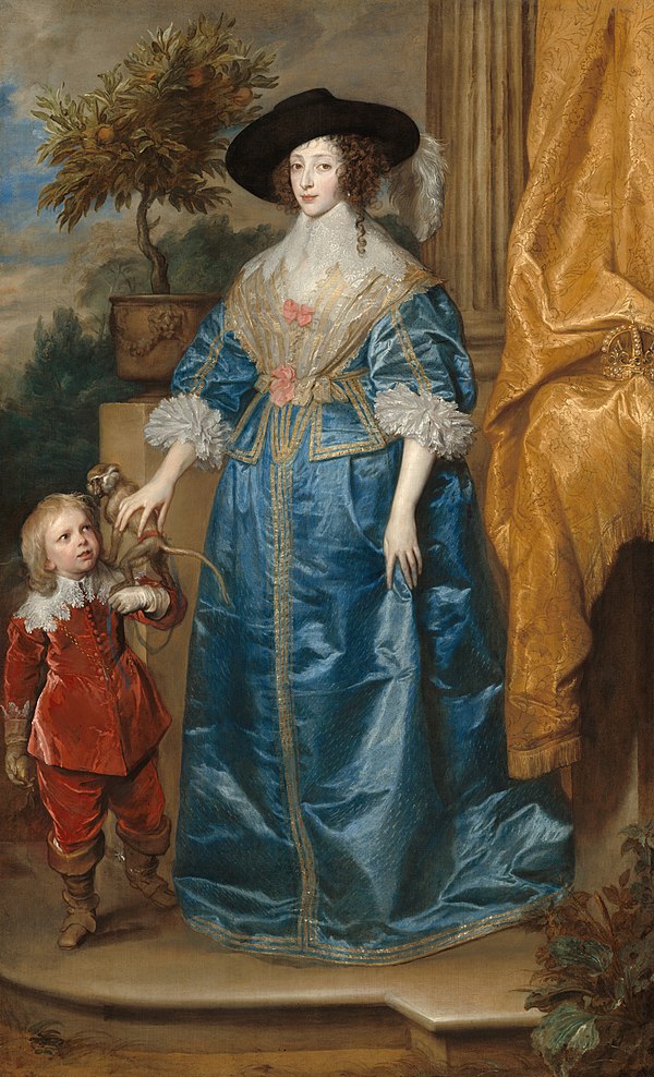Henrietta Maria, with her court dwarf, Jeffrey Hudson. A monkey is usually symbolic of an advisor to fools, such as court dwarves, but in this case is