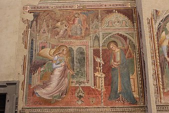 Maleri.  Englen og Mary er placeret i et gotisk interiør.  Ovenstående overdrager Gud håndfladen til englen.