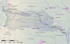 Mapa del río Arkansas en el que aparece —en su curso medio-bajo— Tulsa