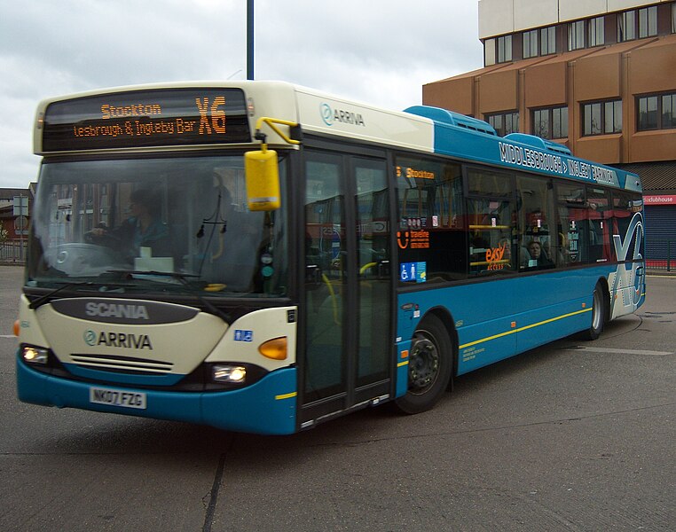 File:Arriva bus Scania N94 NK07 FZG in Middlesbrough bus station X6 MiBus route branding 5 May 2009.JPG