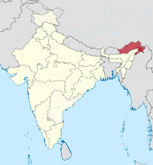 Mapa da Índia e localização da região de North Assam no país.