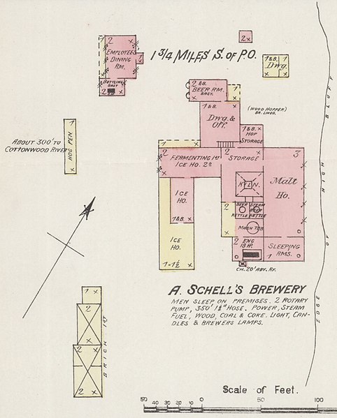 File:August Schell Brewery in November 1884 map detail, Sanborn Fire Insurance Map from New Ulm, Brown County, Minnesota. LOC sanborn04352 001-1 (cropped).jpg