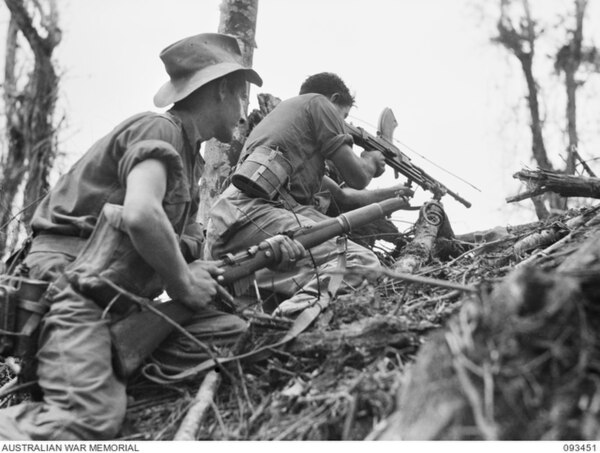 An Australian light machine gun team in action near Wewak, Papua New Guinea, in June 1945