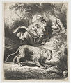 St. Jerome Reading in the Wilderness label QS:Len,"St. Jerome Reading in the Wilderness" label QS:Lnl,"Hieronymus lezend in de wildernis" . 1634. etching print. 10.8 × 8.9 cm (4.2 × 3.5 in). Various collections.