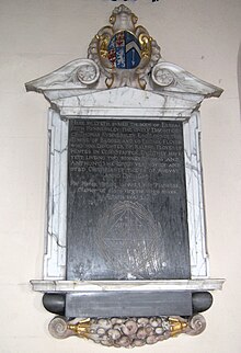 Memorial to Elizabeth Kynnersley, who died in 1649, the oldest memorial in the parish church. Badger church - Kynnersley memorial.jpg