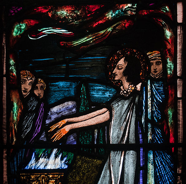 File:Ballinasloe St. Michael's Church South Aisle Fifth Window Sts Patrick and Rose of Lima by Harry Clarke Detail St Rose Burning Her Hands Detail 2010 09 15.jpg