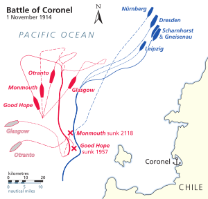 Os navios alemães vieram do norte e os britânicos do sul.  Dois navios britânicos foram afundados e os outros dois escaparam.