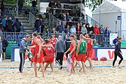 Deutsch: Beachhandball Europameisterschaften 2019 (Beach handball Euro); Tag 6: 7. Juli 2019 – Spiel um Platz Drei, Männer, Ungarn-Russland 2:0 (26:20, 23:22) English: Beach handball Euro; Day 6: 7 July 2019 – Men's Bronze Medal Match – Hungary-Russia 2:0 (26:20, 23:22)